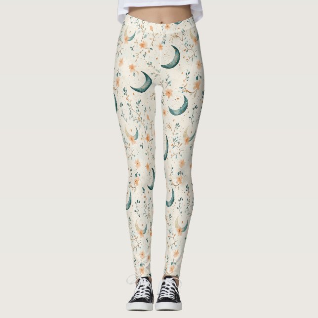 Boho Celestial Blommig Månmönster (1) Leggings (Framsida)