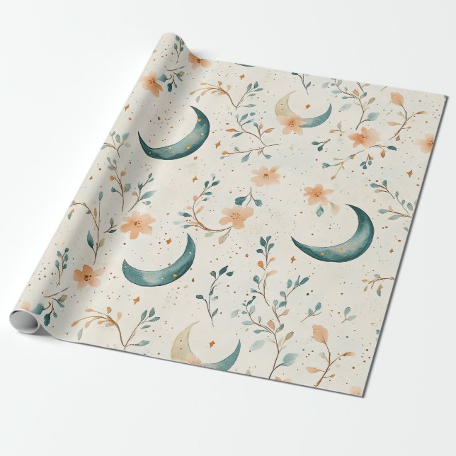 Boho Celestial Blommig Månmönster (1) Presentpapper (Utrullad)