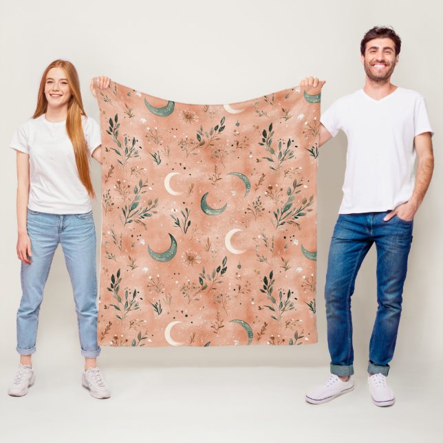 Boho Celestial Blommig Månmönster (4) Fleecefilt (På plats)