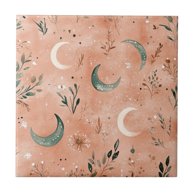 Boho Celestial Blommig Månmönster (4) Kakelplatta (Framsidan)