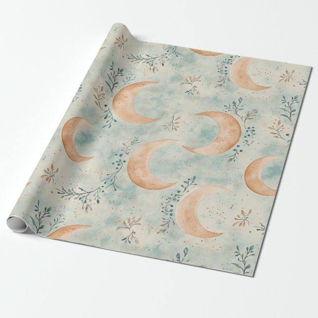 Boho Celestial Blommig Månmönster (8) Presentpapper (Utrullad)