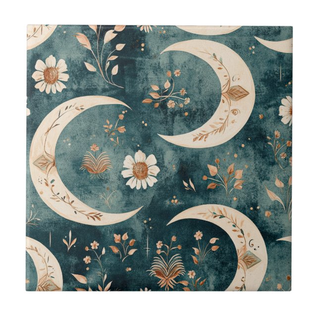Boho Celestial Blommig Månmönster (9) Kakelplatta (Framsidan)