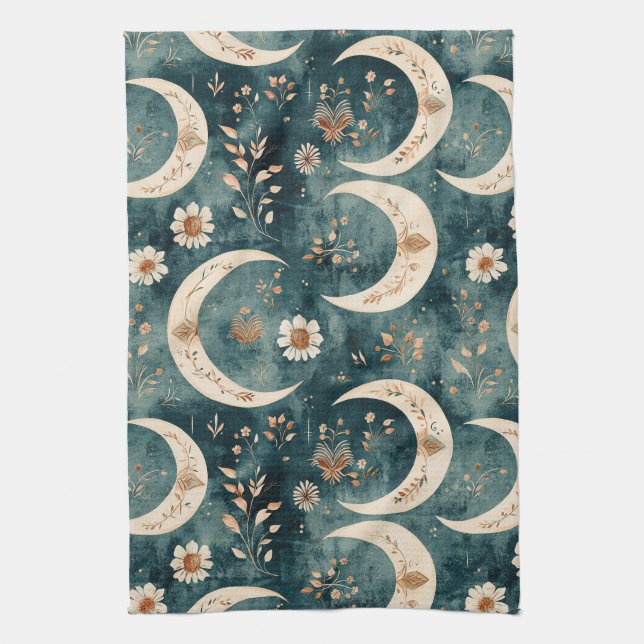 Boho Celestial Blommig Månmönster (9) Kökshandduk (Vertikal)
