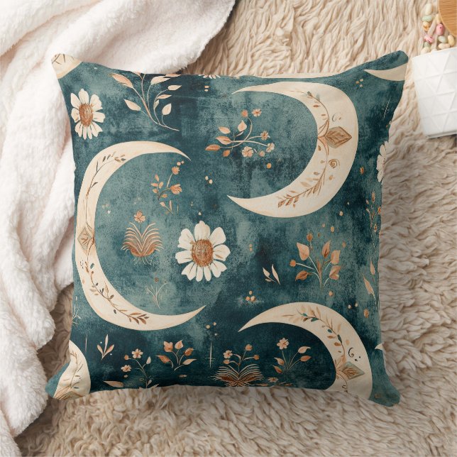 Boho Celestial Blommig Månmönster (9) Kudde (Filt)