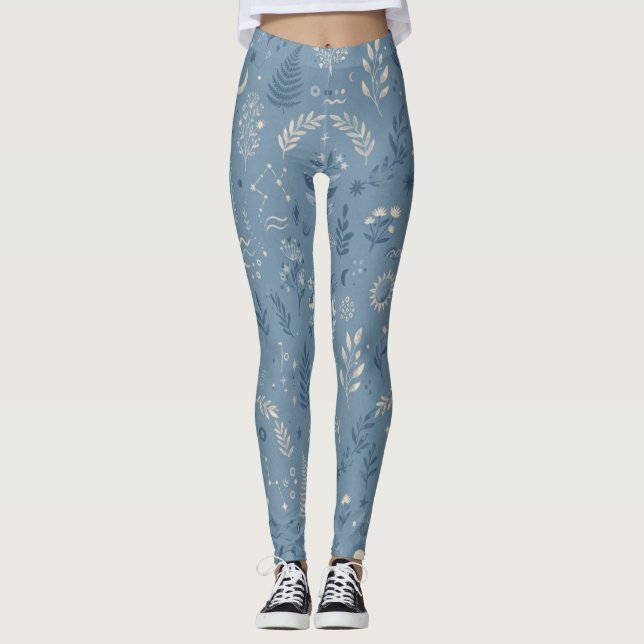 Boho Celestial Botanisk Dammig Blå Aktivkläder Leggings (Framsida)