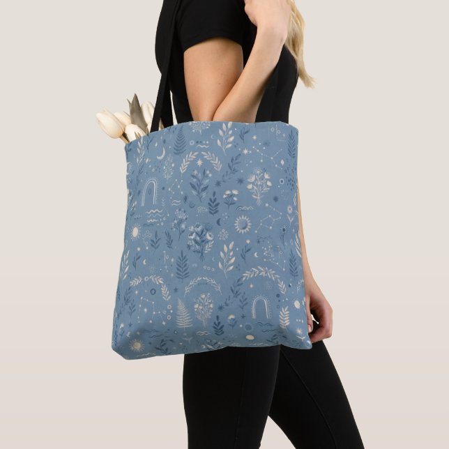Boho Celestial Botanisk Dammig Blå Canvas Accessoa Tygkasse (Närbild)