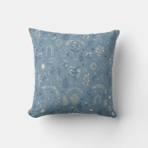 Boho Celestial Botanisk Dammig Blå Kudd
