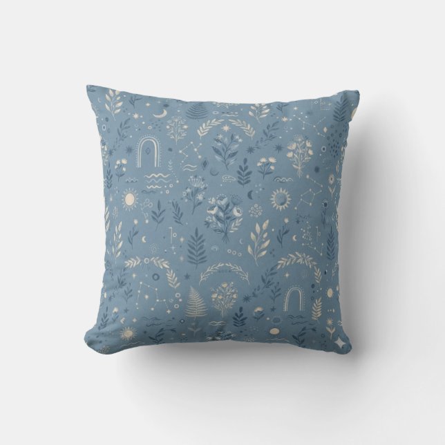 Boho Celestial Botanisk Dammig Blå Kudd Kudde (Framsida)