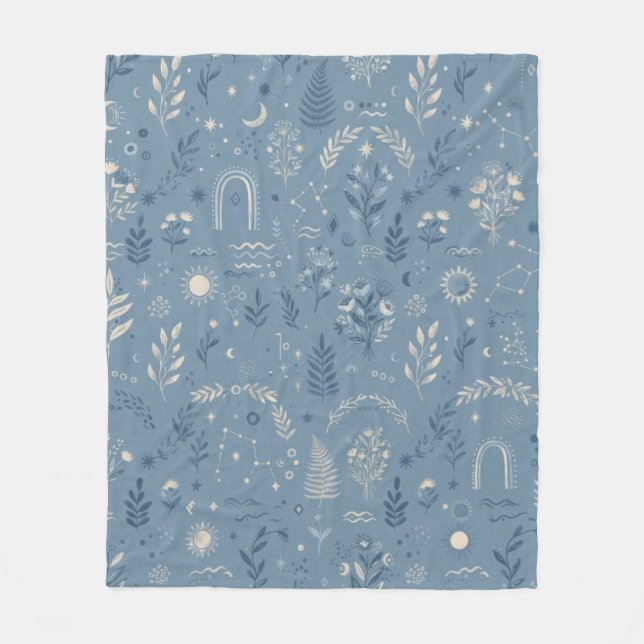 Boho Celestial Botanisk Dammig Blå Mysig Kast Fleecefilt (Framsidan)