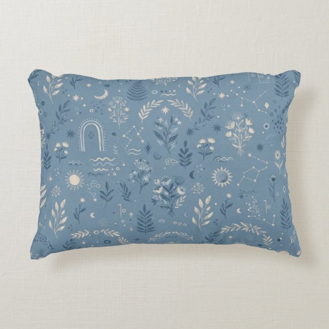 Boho Celestial Botanisk Dammig Blå Mysig Prydnadskudde (Framsidan)