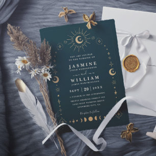 Boho Celestial Galaxy Moon Natt Elegant Bröllop Inbjudningar