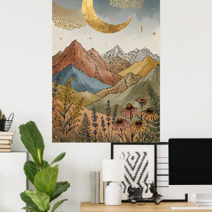 Boho Celestial Guld Halvmåne Berg Poster
