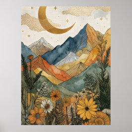 Boho Celestial Guld Måne Berg Vildblomma Poster