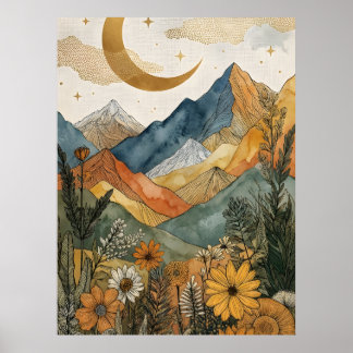 Boho Celestial Guld Måne Berg Vildblomma Poster