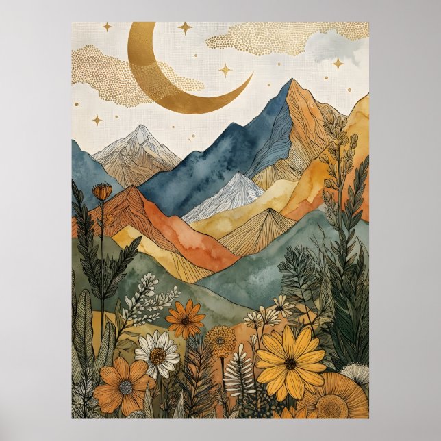 Boho Celestial Guld Måne Berg Vildblomma Poster (Framsidan)