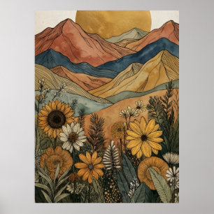 Boho Celestial Guld Sol Berg Solros Poster