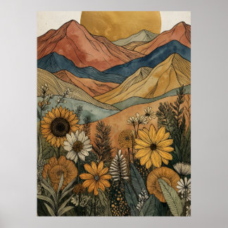 Boho Celestial Guld Sol Berg Solros Poster