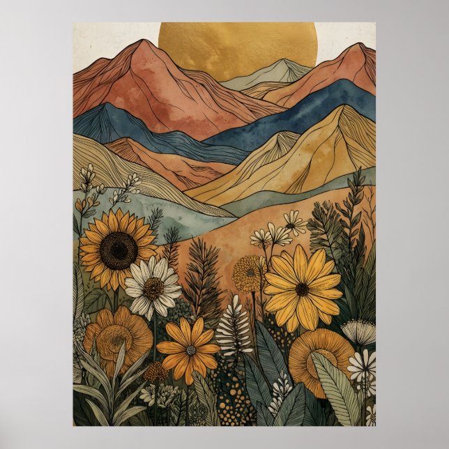 Boho Celestial Guld Sol Berg Solros Poster (Framsidan)