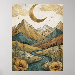 Boho Celestial Halvmåne Berg Flod Poster