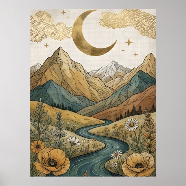 Boho Celestial Halvmåne Berg Flod Poster (Framsidan)