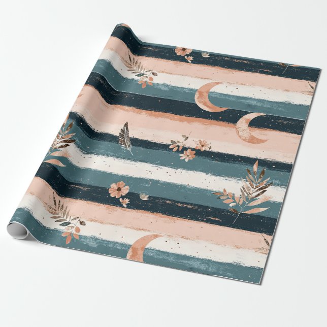 Boho Celestial Halvmåne Randig i Jordtoner Presentpapper (Utrullad)