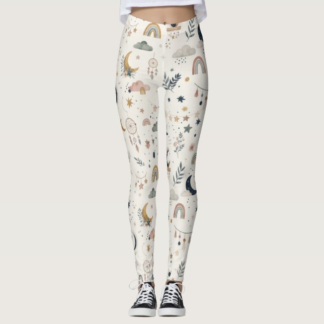 Boho Celestial Kvinnor| Neutral Månstjärnor Leggings (Framsida)