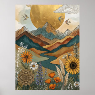 Boho Celestial Mandala Flod Berg Sol Poster