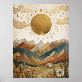 Boho Celestial Månfas Berg Yurt Poster