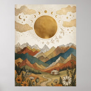 Boho Celestial Månfas Berg Yurt Poster