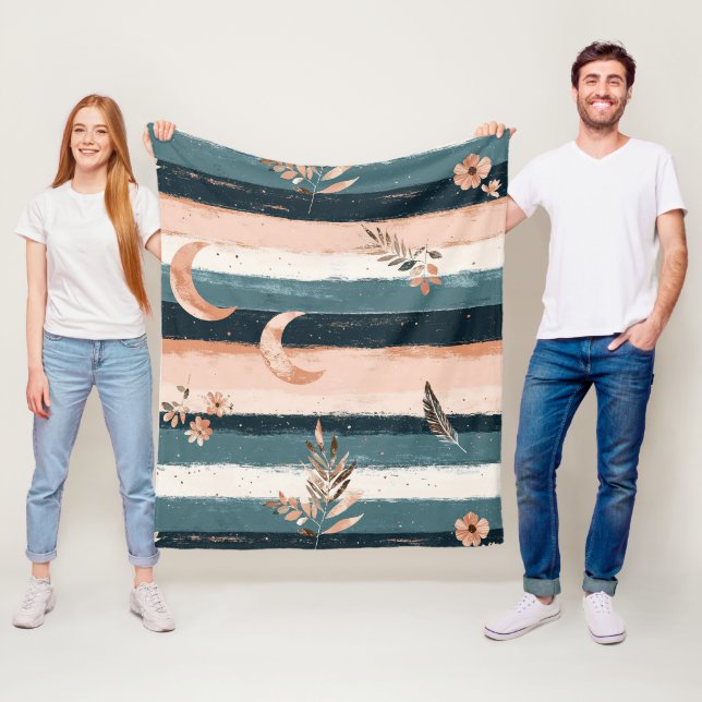 Boho Celestial Månstrimma i jordtoner Fleecefilt (På plats)