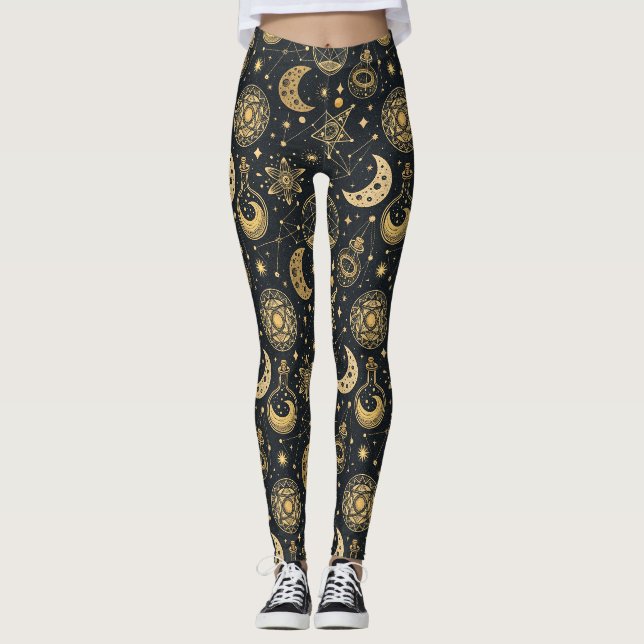 Boho Celestial med Guld Alkemisymboler Leggings (Framsida)