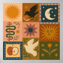 Boho Celestial | Retro Sol & Måne Poster