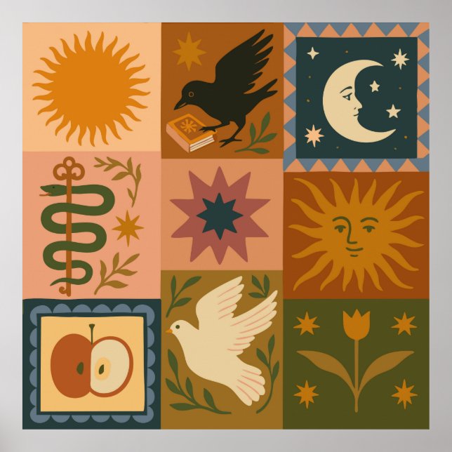 Boho Celestial | Retro Sol & Måne Poster (Framsidan)