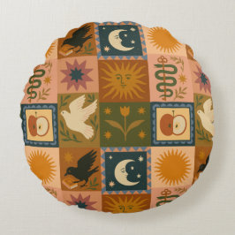 Boho Celestial | Retro Sol & Måne Rund Kudde