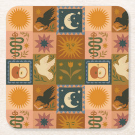 Boho Celestial | Retro Sol & Måne Underlägg Papper Kvadrat