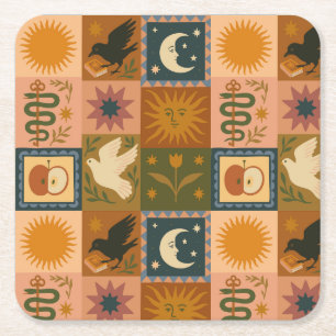 Boho Celestial   Retro Sol & Måne Underlägg Papper Kvadrat