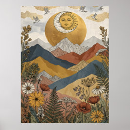 Boho Celestial Sol Måne Ansikte Berg Fåglar Poster
