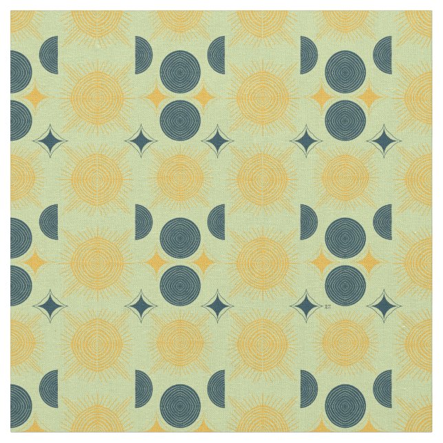 Boho Celestial Sol Måne Mint Mönster Tyg (Närbild)