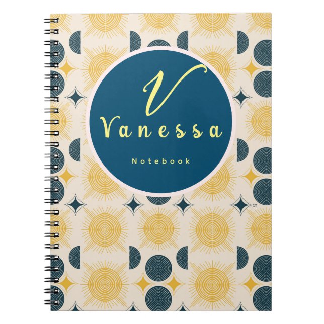 Boho Celestial Sol Måne Monogram skript Anteckningsbok (Framsidan)