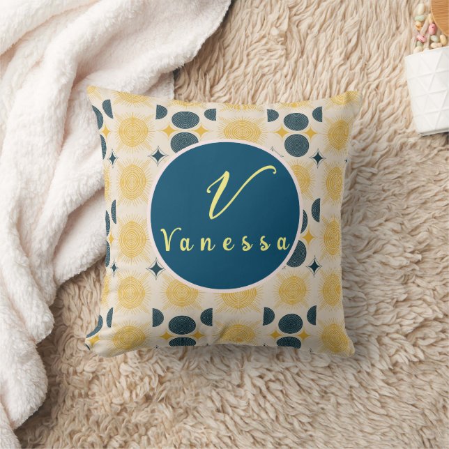 Boho Celestial Sol Måne Monogram skript Kudde (Filt)