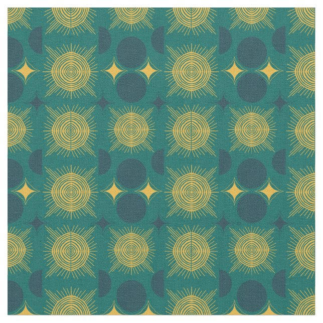 Boho Celestial Sol Måne Teal Mönster Tyg (Närbild)