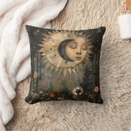 Boho Celestial Sol Måne Trädgård med vilda blommor Kudde