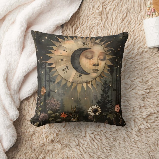 Boho Celestial Sol Måne Trädgård med vilda blommor Kudde (Filt)