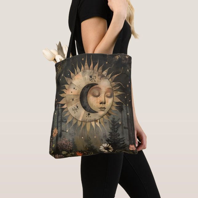 Boho Celestial Sol Måne Trädgård med Vilda Blommor Tygkasse (Närbild)