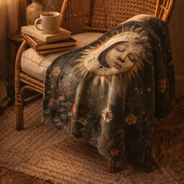 Boho Celestial Sol Måne Vildblomma Trädgård Fleecefilt