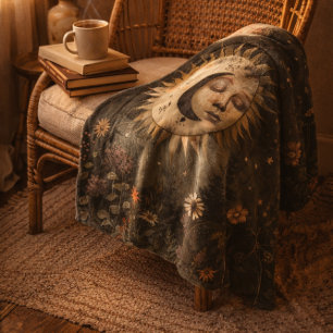 Boho Celestial Sol Måne Vildblomma Trädgård Fleecefilt