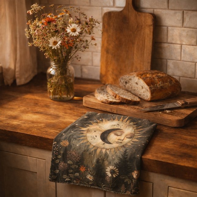 Boho Celestial Sol Måne Vildblomma Trädgård Kökshandduk (Skapare uppladdad)