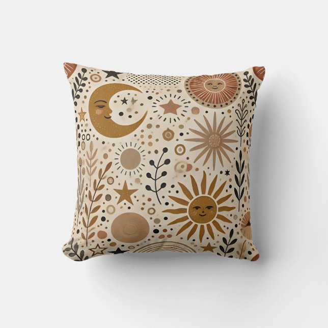 Boho Celestial Sol och Måne Mönster Kudde (Framsida)