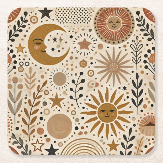 Boho Celestial Sol och Måne Mönster Underlägg Papper Kvadrat