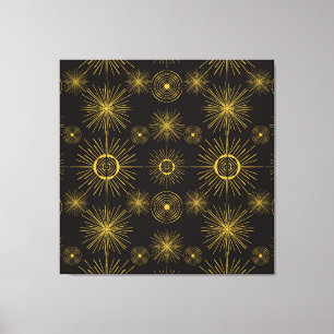 Boho Celestial Sol Stars Black Mönster Canvastryck